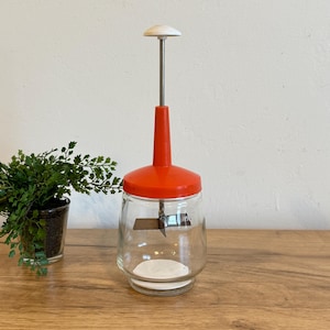 Vintage Glass Hand Chopper | Orange Top Food Chopper | Mid Century Kitchen Gadget | Manual Veggie Nut Chopper | Retro Glass Jar Chopper