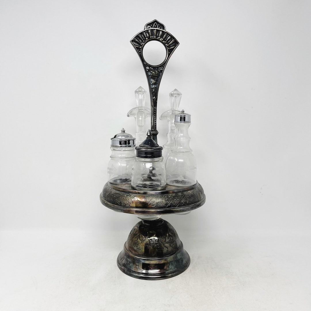 Silver Cruet Set Tall Etched Cruet Bottles Silver Etsy