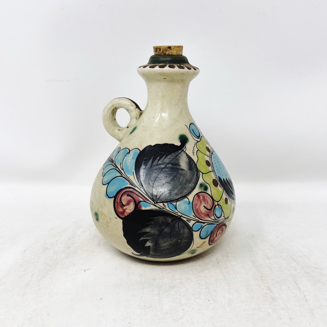 Mexican Pottery Jar Vintage Small Jug Blue Floral Made in Mexico