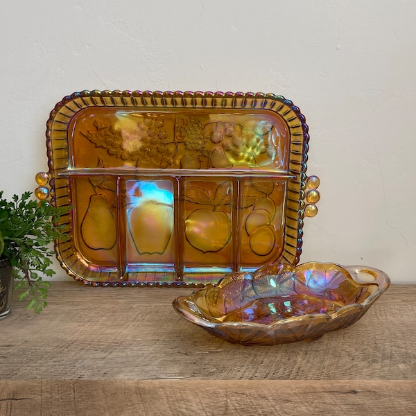 Marigold Carnival Glass Relish Tray - YOU PICK - Indiana Glass - Yellow - Divided - Fruit Tray - Snack Tray - Hors D'oeuvres - Charcuterie