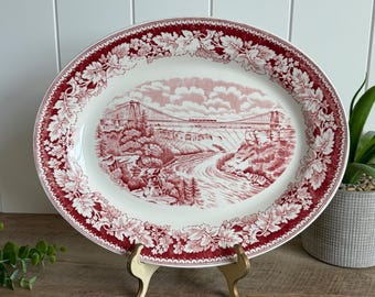 Homer Laughlin Currier & Ives Suspension Bridge Platter | Red Transferware Serving Plate 13 1/2" | Vintage Niagara Falls Platter