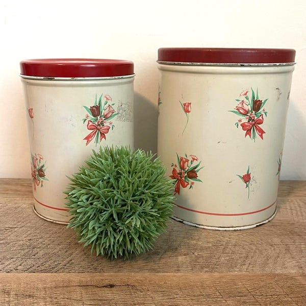 Vintage Floral Canisters | 1950s Metal Kitchen Tins | Red Lid Tulip Canister Set | EMPECO National Can | Cottage Farmhouse Decor