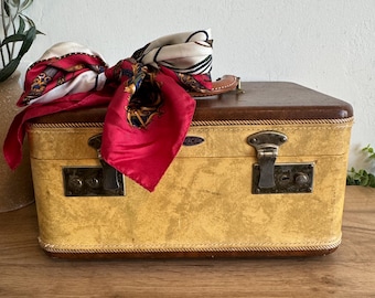 Vintage Train Case Luggage | Two Tone Tan Suitcase | 1940s Travel Case Storage | Antique Vanity Case Decor | Retro Photo Prop Box