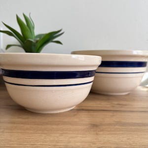 May include: Two off-white ceramic mixing bowls with a dark blue stripe around the middle. The bowls are sitting on a wooden surface. A green plant is visible in the background.