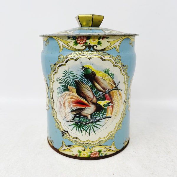 Blue English Tin - Regal Crown - Birds of Paradise - Murray Allen - Tropic - Round - Vintage Tin