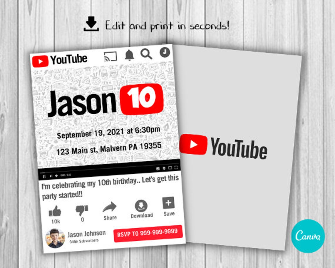 Youtube Birthday DIGITAL Invitation Editable Canva Template image 0