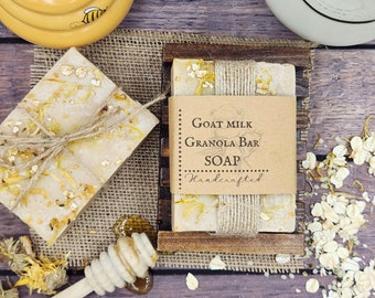 Fresh Goat Milk Granola Bar Soap, Honey ,Oatmeal, Calendula and Hemp Seeds, Rustic Farmhouse, Handcrafted 130g