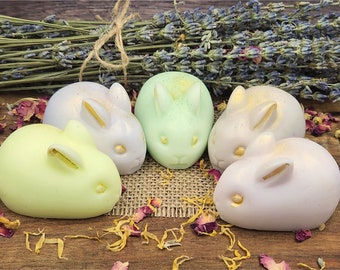 Bunny Rabbit Soap Set, 5 Soaps,Lavender, Chamomile, Buttermilk/Honey, Soft Floral, Apple Pie Fragrances. 250 Grams