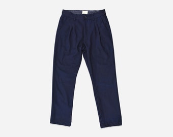 Pleated Trousers - Blue Indigo Denim and Off-White Twill Weave