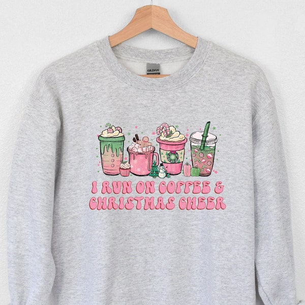 I Run On Coffee and Christmas Cheer PNG for sublimation, girly cute holiday sub design for shirt, pink Christmas clip art, retro groovy font