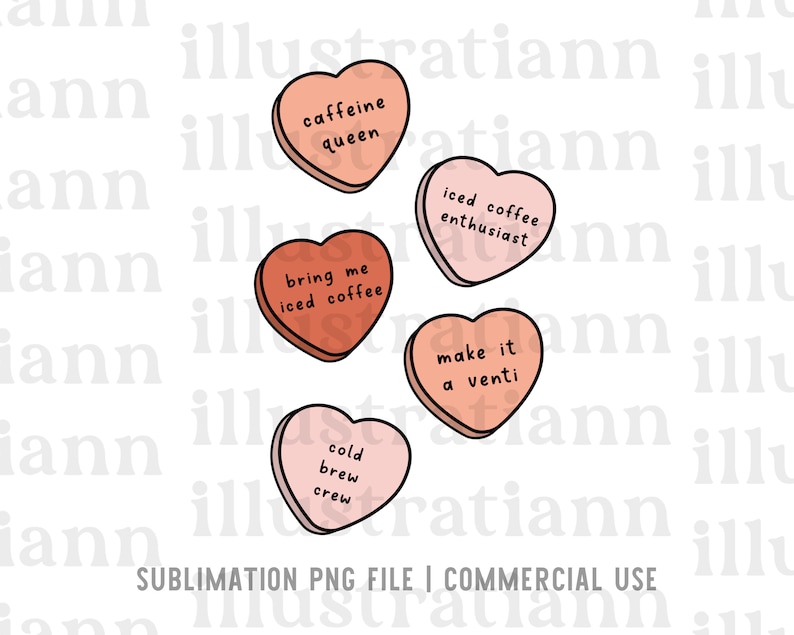 Coffee Candy Hearts PNG commercial use file, Valentines Day sublimation png, Iced Coffee Heart png, Motherhood png, Boho candy hearts design image 1