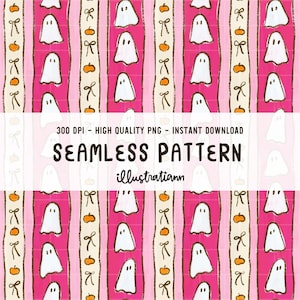 Peut inclure: Un motif sans couture avec des fantômes blancs, des citrouilles oranges et des nœuds sur des rayures verticales roses et crème. Le texte "SEAMLESS PATTERN" est en gras noir. Le texte supplémentaire comprend "300 DPI - HIGH QUALITY PNG - INSTANT DOWNLOAD" et le nom de l'illustrateur.
