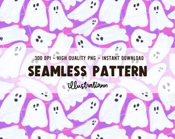Painted Ghost Seamless Pattern with Checkered Background, Whimsical Halloween Repeating Pattern, Cute Spooky Surface Pattern Design