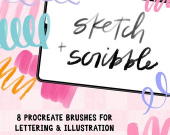 Sketch and Scribble Procreate Brush Set, iPad Coloring Brushes, Ink Texture Lettering Brushes for Digital Calligraphy