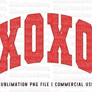 May include: Red distressed graphic with the text "XOXO" in a bold, vintage-style font.  Sublimation PNG file for commercial use.