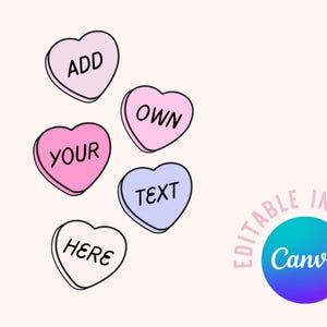 Plantilla Canva de corazones de caramelo, clip art personalizable, gráfico de tendencia de San Valentín, corazón de conversación de coqueta pastel, sublimación PNG para POD