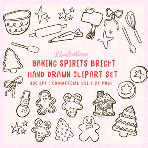 May include: Hand-drawn black and white clipart set featuring baking tools and holiday-themed cookies. Includes a mixing bowl, rolling pin, whisk, and gingerbread house. Text reads "BAKING SPIRITS BRIGHT HAND DRAWN CLIPART SET".