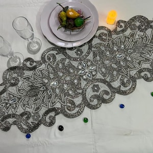 Handmade Beads Table Runner, White And Silver Table Topper, Designer Tableware 13X36 Inch