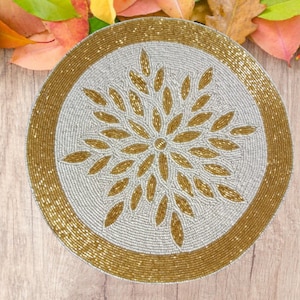 Handmade Beads Placemat, White And Gold Dining Table mats, Designer charger Plate 13X13 Inch