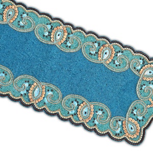 XXL Handmade Beaded Table Runner, Designer Blue Table Runner, Long Dining Table Topper 13X72 Inch