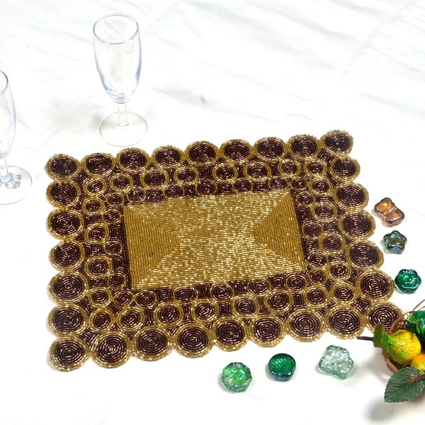 Handmade Beaded Placemat, Gold And Copper Tablemat, Designer Charger plate 12X15 Inch