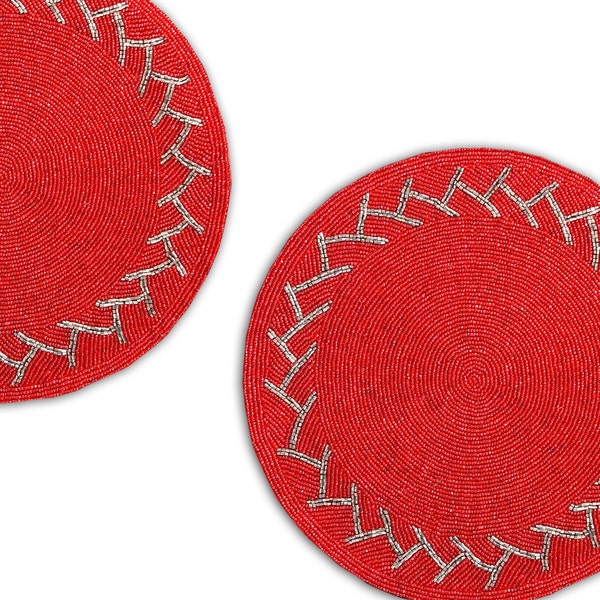 Handmade Beaded Placemats, Red Designer Tablemats, Set Of 6 Wedding charger Plate 13X13 Inches