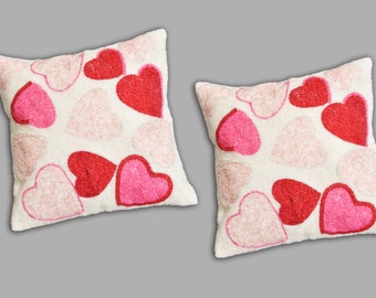 Set Of Valentines Cushion Cover, Handmade Beads Cushion Covers, Pink Hearts Design Cushion Case 16X16 Inch