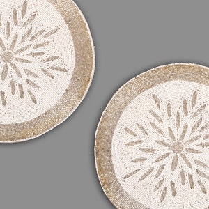 Handmade Beads Placemats, White And Silver Tablemats, Luxury Charger Plate 13X13 Inch