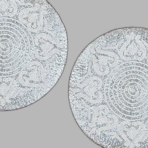 Handmade beads Placemats, Silver And White Tablemats, Set of Designer Charger Plates 13X13 Inch