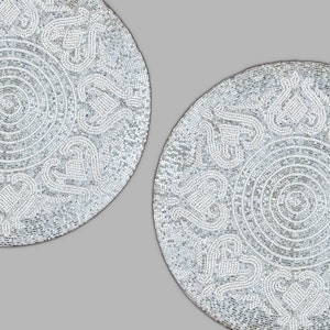 Handmade beaded Placemats, Silver And White Placemats, Set of Designer Charger Plates 13X13 Inch