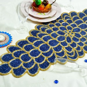 Handmade Beads Table Runner, Blue Flower Petals Design Table Topper, Spring Tableware 13X36 Inch
