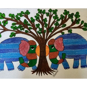 Traditionelle Elefant Malerei, Gond Art keuchend, indische Wandkunst für Haus- und Bürodekor 30X45 Zoll
