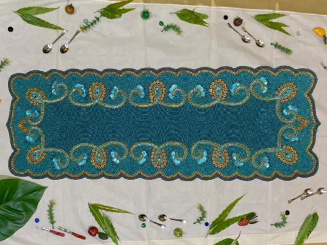 Turquoise Blue Table Runner/ Handmade Table Runner/ Beaded Etsy