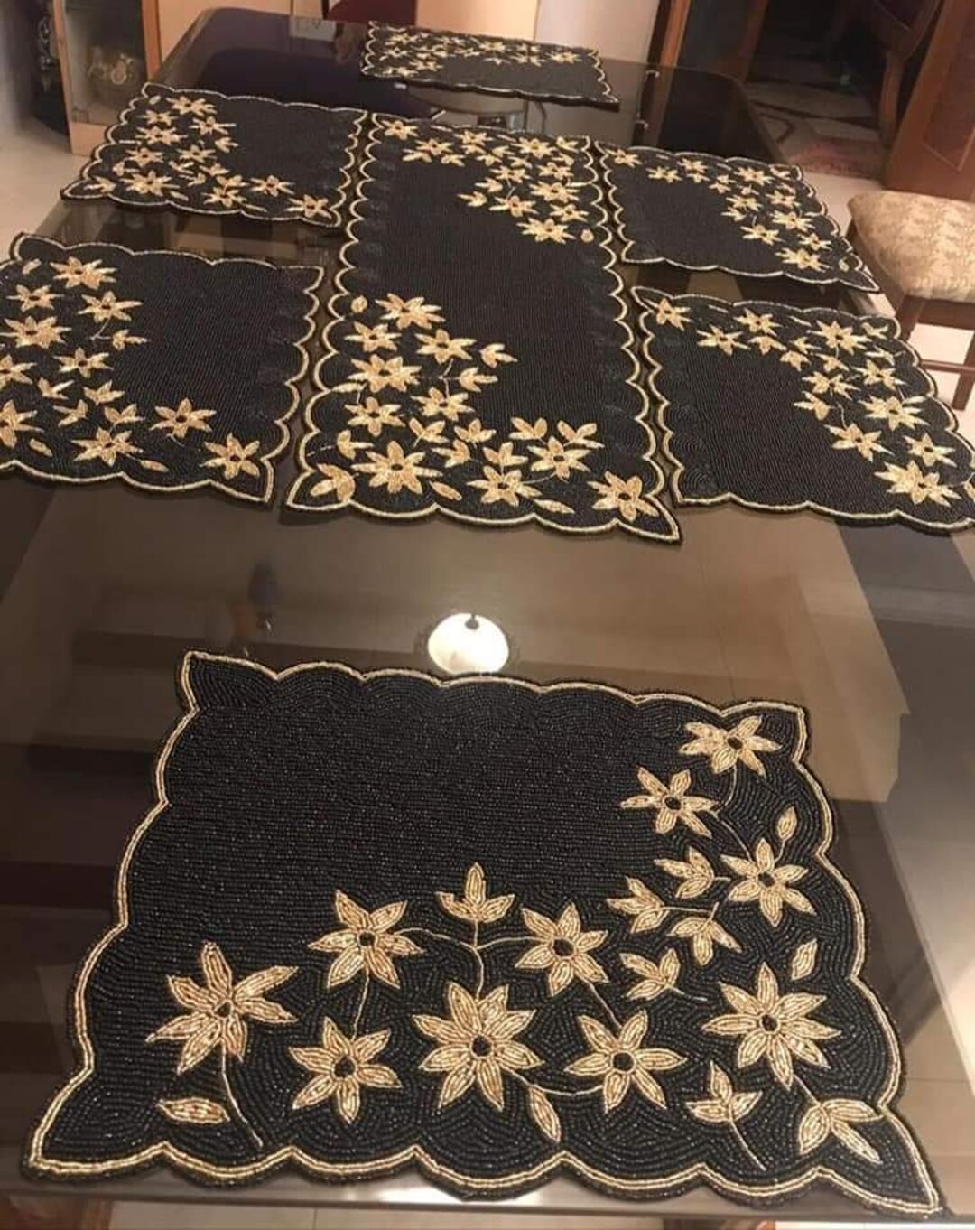 Black and Gold Table Runner and Placemats Set, Floral Beads Table