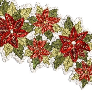 Handmade Beads Table Runner, Poinsettia Floral Table Runner,  Christmas Tableware 13X36 Inch