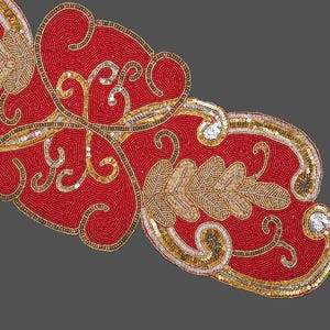 Red And Gold Table Runner, Handmade Beads Table Topper, Beaded Tableware 13X36 Inches