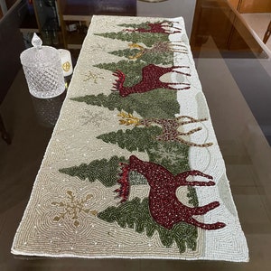 Christmas Reindeer Design Table Runner, Handmade Beads Table Runner, Multicolor X-mass Tableware 13X36 Inch