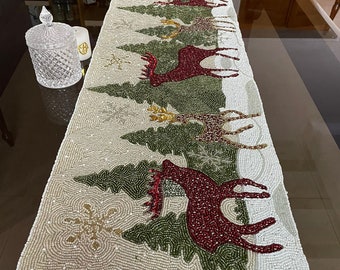 Christmas Reindeer Design Table Runner, Handmade Beads Table Runner, Multicolor X-mass Tableware 13X36 Inch