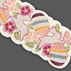 Easter Bunny And Easter Eggs Design Table Runner, Handmade Beads Table Runner, Easter Tableware 13X36 Inch