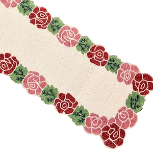 Handmade Beads Table Runner, Rose Flower Design Table Topper, Spring Tableware 13X36 Inches