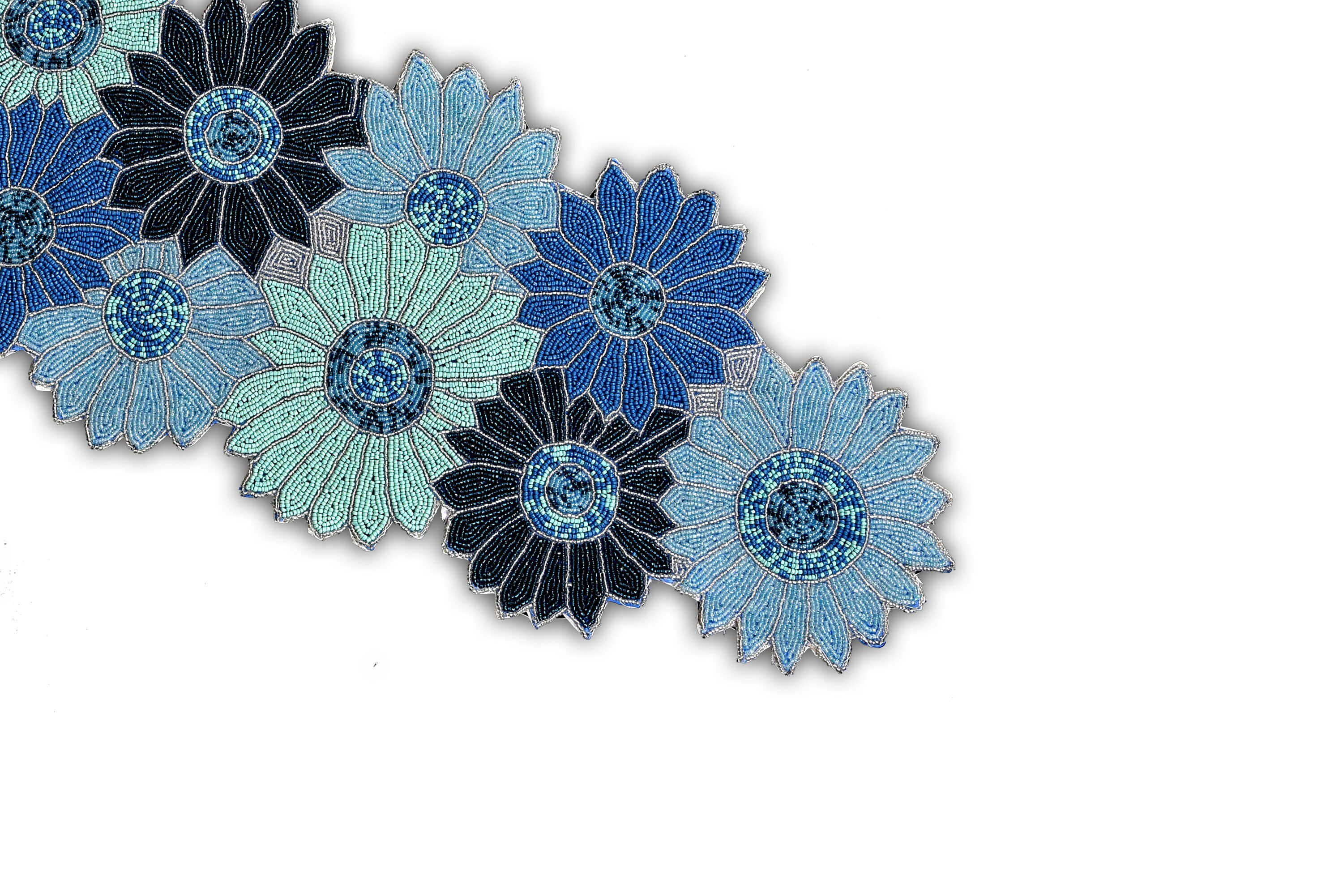 Handmade Beads Table Runner, Blue Floral Table Topper, Spring Tableware 13X36 Inch