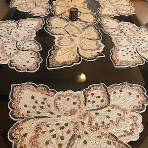 Designer Table Runner And Placemat Set, Beaded Table Runner And Table Mats Set with Coasters in 13 pieces