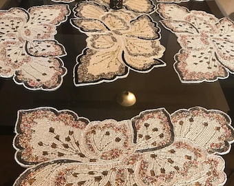 Designer Table Runner And Placemat Set, Beaded Table Runner And Table Mats Set with Coasters in 13 pieces
