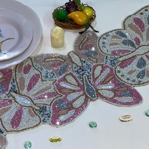 Handmade Beaded Table Runner, Butterflies Design Table Runner, Spring Tableware 13X36 Inch
