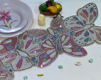 Handmade Beaded Table Runner, Butterflies Design Table Runner, Spring Tableware 13X36 Inch