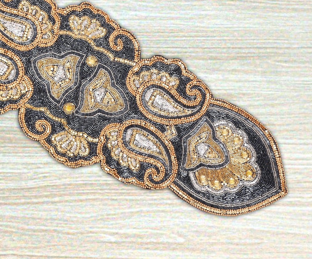 Handmade Bead Table Runner Black and Gold Runner Designer Etsy