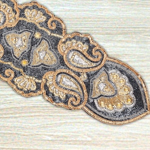 Handmade Beads Table Runner, Blue And Gold Table Topper, Designer Tableware 13X36 Inch
