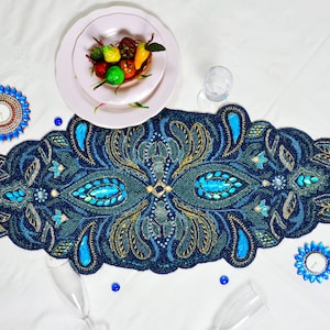 Handmade Beads Table Runner, Blue Designer Table Runner, Luxury Tableware 13X36 Inch