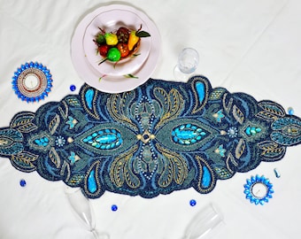 Handmade Beads Table Runner, Blue Designer Table Runner, Luxury Tableware 13X36 Inch