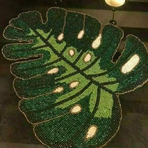 Green Leaf Placemat, Handmade Beaded Placemat, Designer Charger Plates 13X13 Inches